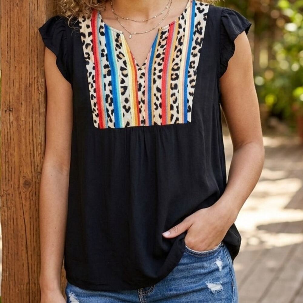 Savanna Jane sleeveless bib tunic top in black Cheeta multicolor boho artsy S
